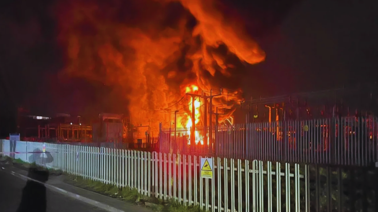 This image, shared by the London Fire Brigade, depicts the fire at the substation in Hayes, England, which supplies power to Heathrow Airport, on Friday. (London Fire Brigade/X)